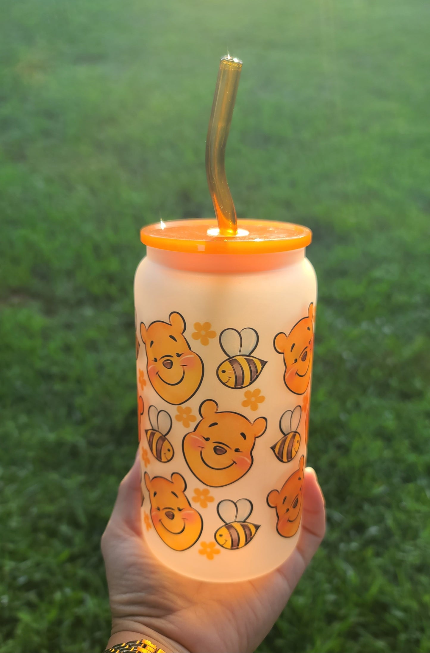Cute Bear and bees 16oz Frosted Glass Cup