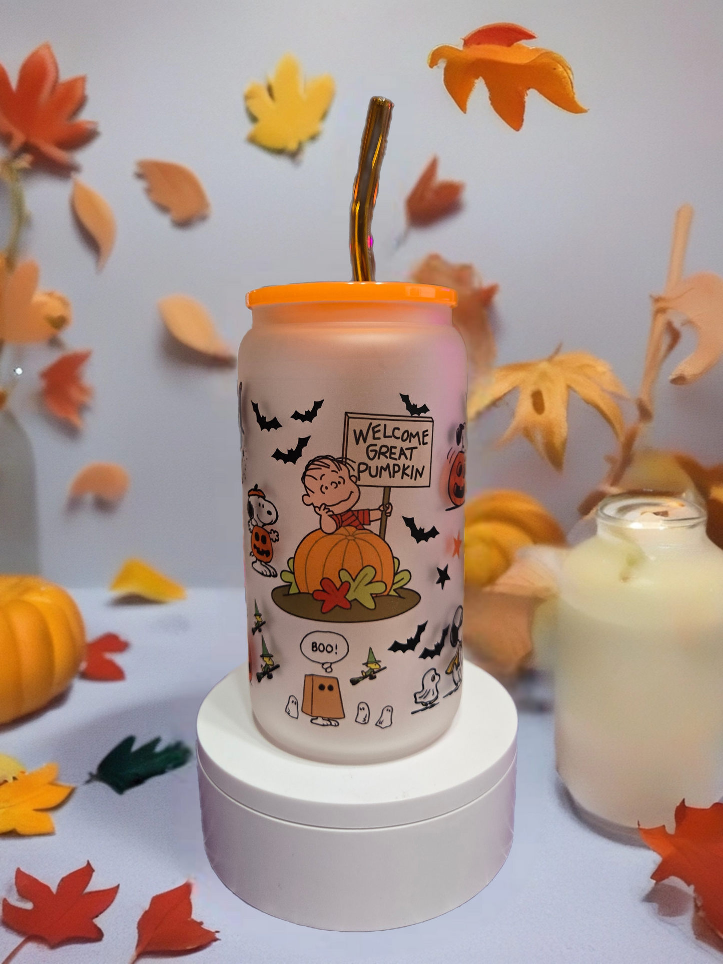 Cute dog Pumkin Patch 16oz glass cup