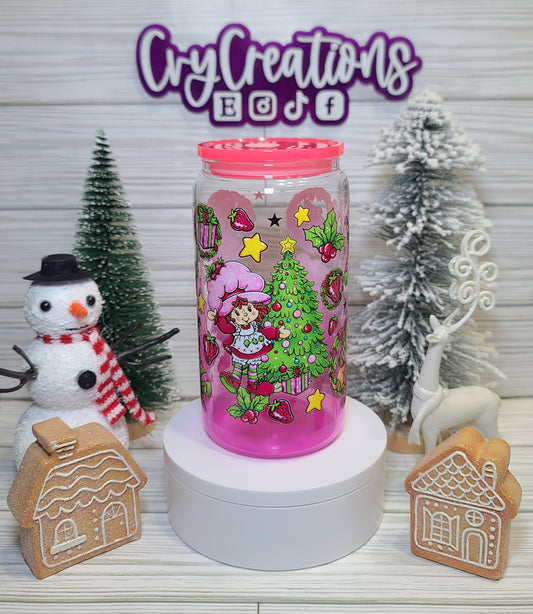 Adorable Strawberry Doll Christmas 16oz Glass Cup