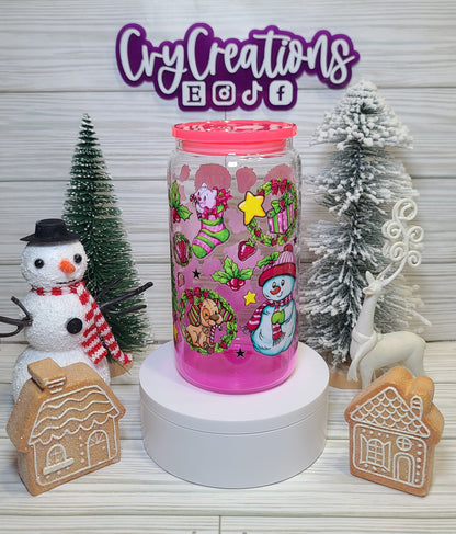 Adorable Strawberry Doll Christmas 16oz Glass Cup