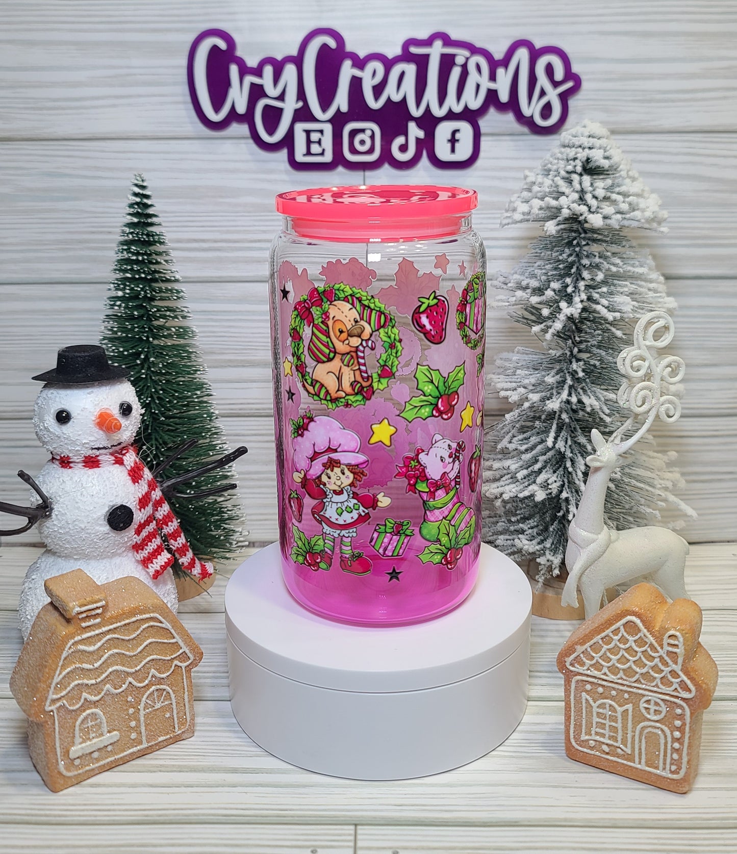Adorable Strawberry Doll Christmas 16oz Glass Cup