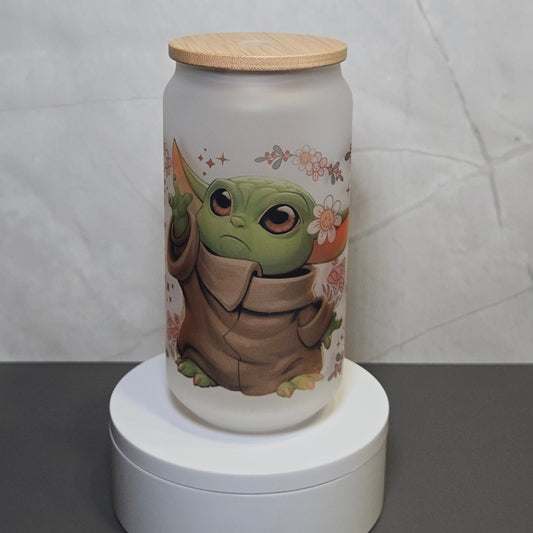 Baby Yoda, Frosted Libbey 18oz Glass Cup with Bamboo Lid, Straw